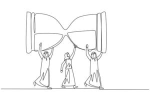 Continuous one line drawing a group of Arab businessmen and Arab businesswomen work together to carrying an hourglass. A reminder. Countdown. Classic. Single line draw design illustration vector