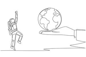 Single one line drawing astronaut excited to get the globe from giant hand. The space expedition is complete. Return to earth with joy. Spaceman deep space. Continuous line design graphic illustration vector