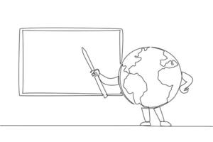 Single one line drawing globe holds a stick while pointing towards the blackboard. Explain the announcement of protecting the earth from the white board. Continuous line design graphic illustration vector