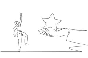 Single one line drawing Arabian businesswoman happy to get a star from the giant hand. Star award. Be the best. The best rating. Motivation to be better. Continuous line design graphic illustration vector