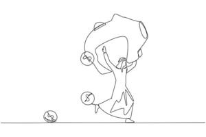 Single continuous line drawing Arabian businessman running lifting big piggy bank on shoulders. Dollar symbol coin falling. Financial conditions were volatile. One line design illustration vector