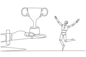 soltero continuo línea dibujo un robot contento a obtener el trofeo desde el gigante mano. prueba el éxito de el robot. ganar el competencia. artificial inteligencia. uno línea diseño ilustración vector