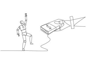 soltero uno línea dibujo un robot emocionado a obtener un apilar de billetes desde gigante mano. éxito ese hace dinero. costo de mejorando requisitos futuro tecnología continuo línea diseño gráfico ilustración vector