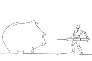 Single continuous line drawing robot holding big syringe and wants to inject it into a big piggy bank. Large cash injection. Help keep research going. Future tech. One line design illustration vector