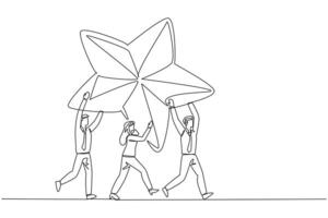 Single continuous line drawing a group of businessmen and businesswomen work together carrying star. Working together to achieve dreams together. Amazing team work. One line design illustration vector