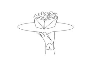 Single continuous line drawing the waiter holds a food tray serving popcorn. Made from popcorn. Avoid aging. Friends when watching movie. Has a salty taste. Snacks One line design illustration vector