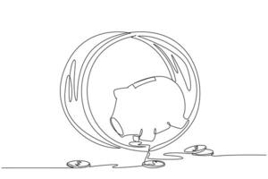 Single continuous line drawing piggy bank runs on the running wheel. The coins are scattered. Repetitive routine. Spending a lot of money. No calculations. Debt. One line design illustration vector