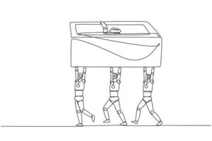 Continuous one line drawing a group of robots work together carrying safe deposit box. Take part in securing important things. Security robots. Technology. Single line draw design illustration vector