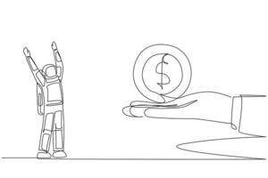 Continuous one line drawing astronaut excited to get dollar symbol coin from a giant hand. Gold money. Cash. Space mission success. Cosmonaut outer space. Single line draw design illustration vector