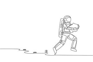 Continuous one line drawing young astronaut running while carrying a piggy bank with coins scattered around. Saving space expedition investments. Cosmonaut. Single line draw design illustration vector