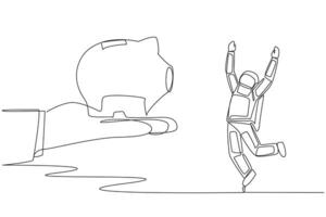 Single continuous line drawing young astronaut happy to get a piggy bank from giant hand. Savings. Investment. A calming gift. The needs for future space missions. One line design illustration vector