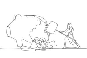 Single continuous line drawing Arab businessman hit big piggy bank with big hammer until cracked. Coins scattered around. Financial problem. Not always profitable. One line design illustration vector