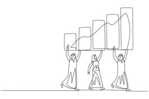 Continuous one line drawing group of Arab businessmen and Arab businesswomen work together carry a graphic chart. Work hard together. Increase stock prices. Single line draw design illustration vector