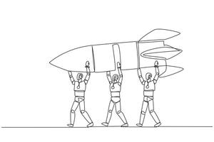 Single continuous line drawing a group of robots work together carrying a rocket. New branch. Managed reliably by the smartest robots. Profit. Future technology. One line design illustration vector