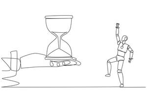 Continuous one line drawing a robot excited to get the hourglass from the giant hand. No time limit. The highest artificial intelligence technology. Future. Single line draw design illustration vector