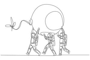 Continuous one line drawing group of astronauts work together carrying a big bomb with fuse lit. Threat. Disturbance. Get rid of it. For a space expedition. Single line draw design illustration vector