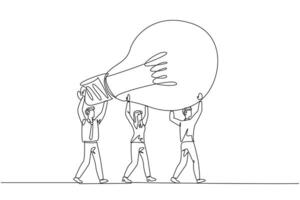Single continuous line drawing a group of businessmen and businesswomen work together to carrying a lightbulb. Providing innovation. Brilliant idea. Enlightening. One line design illustration vector