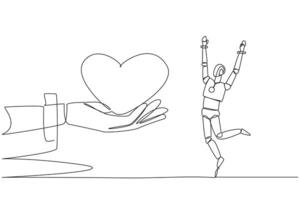 Continuous one line drawing a robot happy to get love from the giant hand. Sympathy. Awe of the amazing artificial intelligence. Future technology concept. Single line draw design illustration vector