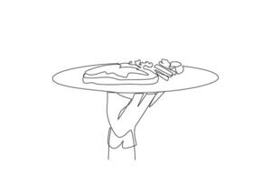 Single one line drawing waiter holding food tray serving steak. Tenderloin. Sirloin. Rib eye. Wagyu. Has a level of maturity rare, medium, well done. Continuous line design graphic illustration vector