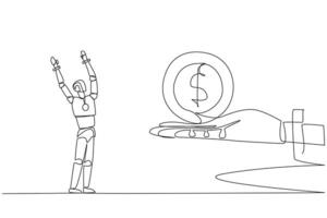 Single one line drawing a smart robot excited to get dollar symbol coin from a giant hand. Intelligence increases by a level. Able to know money. Future AI. Continuous line design graphic illustration vector