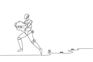 Single one line drawing a robot running while carrying a piggy bank with coins scattered around. Helps maintain profits. Artificial intelligence technology. Continuous line design graphic illustration vector