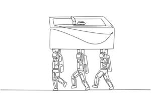 Single one line drawing a group of astronauts work together carrying safe deposit box. Maximum function for storing important things. Safe. Cosmonaut. Continuous line design graphic illustration vector