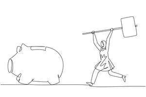 Single one line drawing Arab businesswoman holding big hammer chasing big running piggy bank. Need more money. Digging into other saving. Financial problem. Continuous line design graphic illustration vector