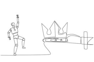 Single continuous line drawing robot happy to get the crown from the giant hand. Mastering the world of technology. Master the best. Future technology development. One line design illustration vector