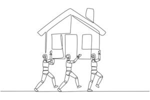 Single one line drawing group of robots work together carrying a miniature house. Architect robot. Design and build a house. Double profit. Technology. Continuous line design graphic illustration vector