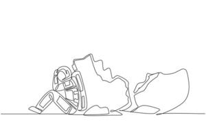 Single continuous line drawing astronaut sit slump next to a large, destroyed big piggy bank. There is no financing of space expeditions. Failed mission. Cosmonaut. One line design illustration vector