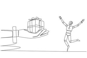 Single one line drawing a robot excited to get the gift box from the giant hand. Success. A memorable gift as a smart robot. Future technology development. Continuous line design graphic illustration vector