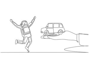 Continuous one line drawing astronaut excited to get miniature car from giant hand. Vehicle. Ease of accommodation. Right of ownership. Reward. Cosmonaut. Single line draw design illustration vector