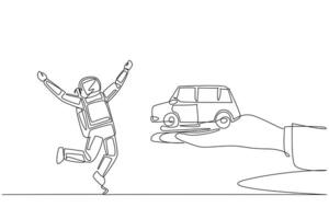 Continuous one line drawing astronaut excited to get miniature car from giant hand. Vehicle. Ease of accommodation. Right of ownership. Reward. Cosmonaut. Single line draw design illustration vector