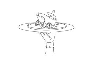 Continuous one line drawing the waiter holds a food tray serving baked fish. Served with lemon and various spices. Contains good fats. Can help lose weight. Single line draw design illustration vector