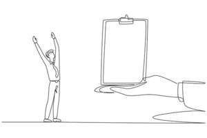 Continuous one line drawing the businessman was excited to get the clipboard from the giant hand. Important prize. Can do reports anywhere. Make checklist. Single line draw design illustration vector