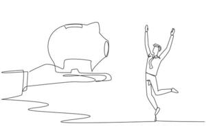 Single continuous line drawing the businessman was happy to get a piggy bank from the giant hand. Get guaranteed retirement money. Live a decent life in old age. One line design illustration vector