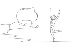 Single continuous line drawing the businessman was happy to get a piggy bank from the giant hand. Get guaranteed retirement money. Live a decent life in old age. One line design illustration vector