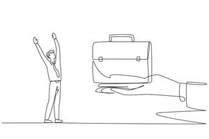 Single continuous line drawing businessman was excited to get the briefcase from the giant hand. Important prize. Simplify business trips. Increase company revenue. One line design illustration vector