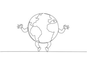 Single one line drawing globe doing yoga movements. The calm of the earth keeps life longer. One day without pollution, gives freshness to the earth. Save. Continuous line design graphic illustration vector