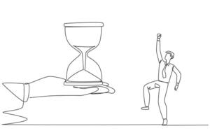 Continuous one line drawing the businessman was excited to get the hourglass from the giant hand. Concern about deadlines. Teamwork makes everything easier. Single line draw design illustration vector