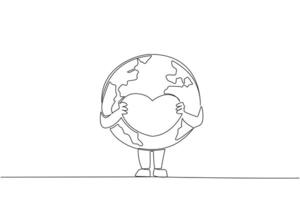 Single continuous line drawing globe holds the heart logo with both hands. Loving the earth is like loving yourself. Always take care of the earth. Saving planet. One line design illustration vector