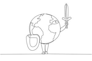 Continuous one line drawing globe holds a shield and sword. Guardian of the earth. Always ready to be relied on. Guardian of the cleanliness of the earth. Single line draw design illustration vector