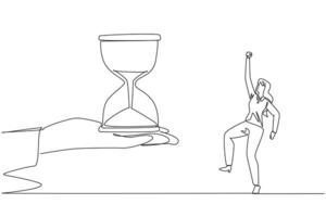 Continuous one line drawing businesswoman was excited to get hourglass from giant hand. The countdown has begun. Get additional energy to run the business. Single line draw design illustration vector