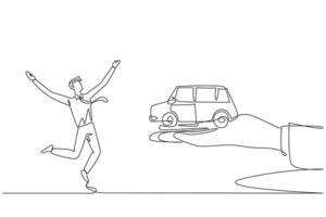 Single one line drawing businessman excited to get miniature car from the giant hand. Important prizes with sophisticated machines. Very useful for family. Continuous line design graphic illustration vector