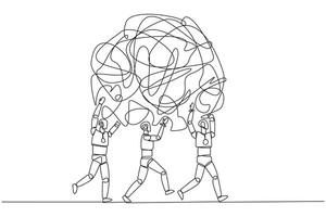 Single continuous line drawing group of robots work together carrying heavy messy circle. Get rid of sadness. Without stress and excessive anxiety. Future tech AI. One line design illustration vector