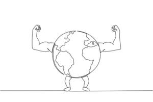 Single one line drawing globe raised both of his muscular arms. Have an active role in protecting the earth. Stay healthy for the sake of a green earth. Continuous line design graphic illustration vector