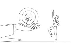 Single continuous line drawing the businessman was excited to get the arrow target board from a giant hand. Get an exciting challenge. Focus on completing on time. One line design illustration vector