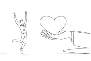 Single one line drawing the businessman is happy to get love from the giant hand. Doing business using heart. Get as expected. Work smarter than before. Continuous line design graphic illustration vector