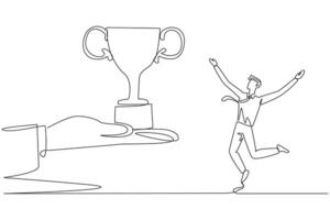 Single one line drawing the businessman was happy to get a trophy from the giant hand. Business people who rely on innovation. Recognition from society. Continuous line design graphic illustration vector