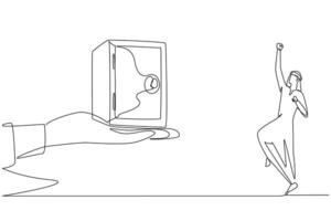 soltero continuo línea dibujo árabe empresario estaba emocionado a obtener un seguro depositar caja desde un gigante mano. inolvidable regalo. facilitar de almacenamiento importante documentos. uno línea diseño ilustración vector